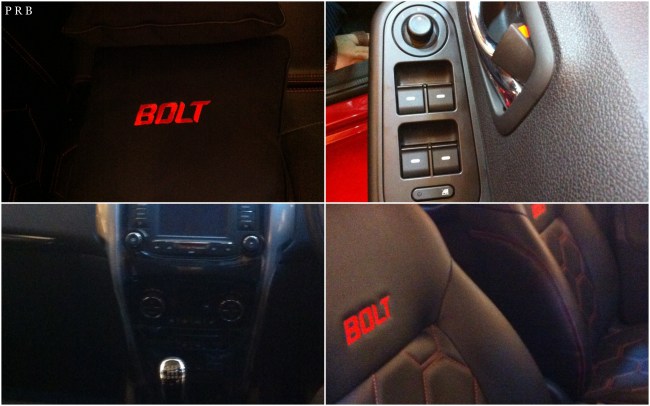 Java Black interiors: (Clockwise) a black Bolt cushion, driver seat window controls, Black leather seats, adjustable gear