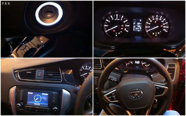 Interiors: (clockwise) lighted key hole, superb console, adjustable steering wheel & Harman infotainment system.